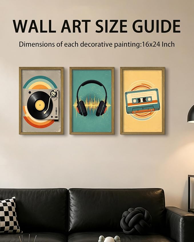Framed Vintage Music Canvas Wall Art Set of 3, Vinyl Record Headphones Cassette Wall Decor Painting, Rustic Mid Century Music Print Pictures for Bedroom Living Room Office Studio Decor 16x24 Inch