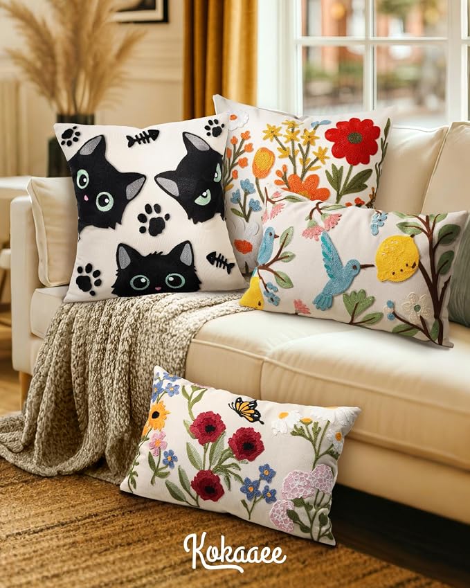 Embroidered Throw Pillow Cover 20x20 Inch, Cat Bone | Decorative Pillow Cover, Whimsical Cushion Case with Hidden Zipper, Cottagecore Decor for Couch, Sofa, Living Room, Bedroom