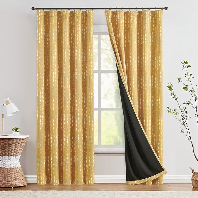 jinchan Boho Blackout Curtains 90 Inches Long Moon Phase Printed Drapes | Mustard Yellow Farmhouse Curtain for Bedroom Living Room Back Tab Rod Pocket Drapes Room Darkening Window Treatment 2 Panels