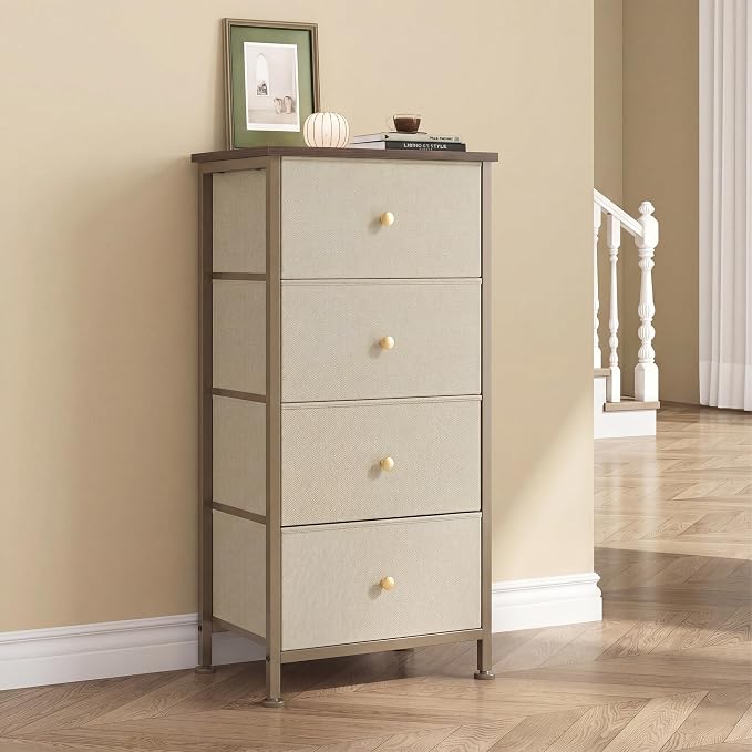 DUMOS Nightstand with 4 Drawers Bedside Table with Removable Fabric Bins Sturdy Steel Frame Wood Top Organizer Furniture for Bedroom Closet Living Room, Tan