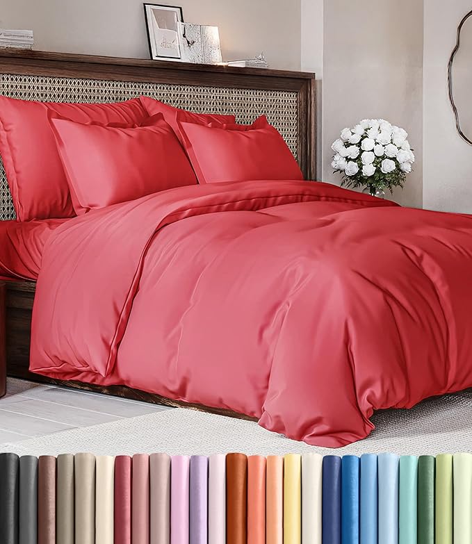 Duvet Cover Cal King Size - Soft 3 Piece with Zipper Closure - Red | Extra Soft, Breathable, Cal King Duvet Cover 104" x 98" with 2 Pillow Shams, Zipper Closures & Ties, Women, Men, Kids & Teens