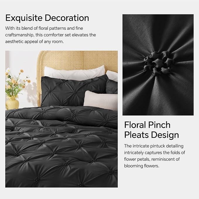 BEDELITE King Comforter Set Black,Lightweight & Soft Comforter | Pintuck Boho Bedding, Warm & Cute Bed Set for All Season,With 2 Pillowcases