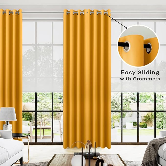 KOUFALL Yellow Curtains 96 Inches Long for Living Room Pair Set of 2 Panels Grommet Room Darkening Blackout Window Curtains for Bedroom 52 x 96 Inch Length Mustard Yellow