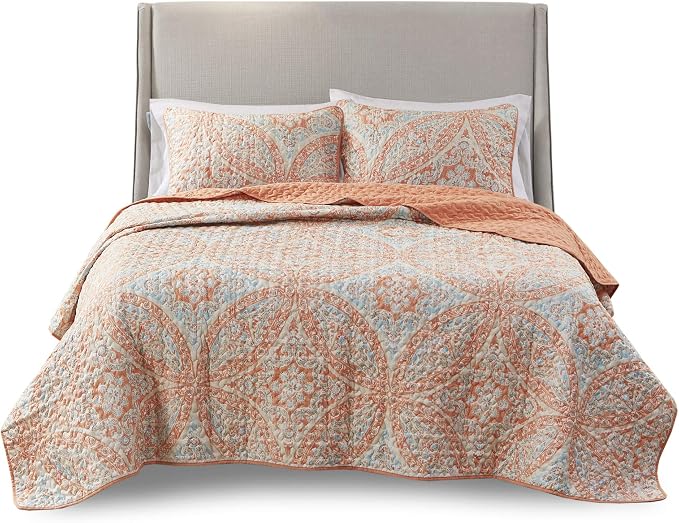 Comfort Spaces Gloria Boho Full Queen Quilt Set 3 Piece for Summer Coral | Reversible Coverlet Bedspread, Soft All Season, Medallion Pattern, Winter Layer with Shams Modern Lightweight, Cozy Comfort