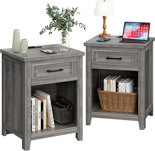 Decofy Farmhouse Nightstand with Charging Station & Large Storage, Set of 2 Modern End Tables with Outlets, USB Ports and Type-C Ports, Easy Assembly for Bedroom(Grey Oak)