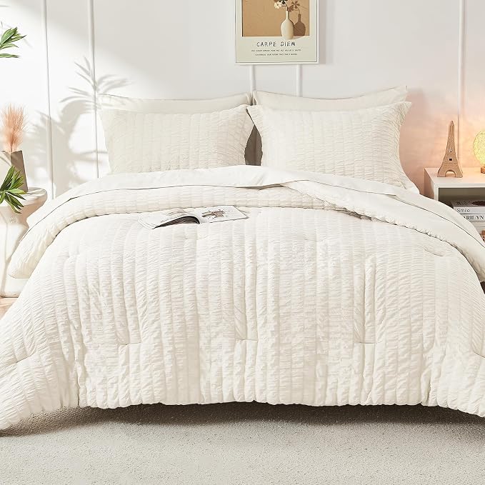 HYMOKEGE Ivory King Size Comforter Set Seersucker 7 Pieces, All Season Luxury Bed in a Bag for Bedroom, Bedding Set with Comforters, Sheets, Pillowcases & Shams