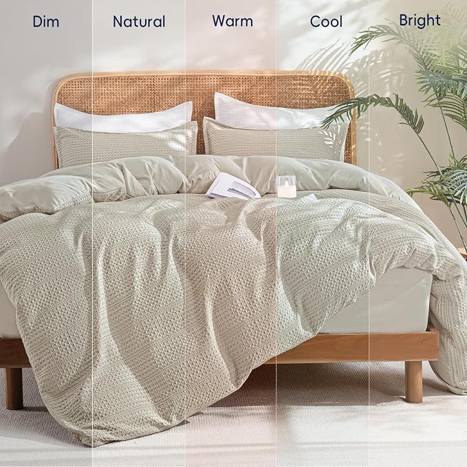PHF Soft Waffle Duvet Cover Queen Size- Durable Breathable Waffle Weave Duvet Cover(90"x90") with 2 Pillow Shams, 3 Pieces Luxury Textured Bedding Set for All Season, Natural