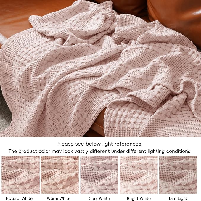 PHF Lightweight 100% Cotton Waffle Blanket for Bed, Queen, Pink | Pre-Washed Soft Cotton Comfort, Breathable Layering Warmth for Fall & Winter, Bed, Sofa, Couch, Home Decor & Gifts