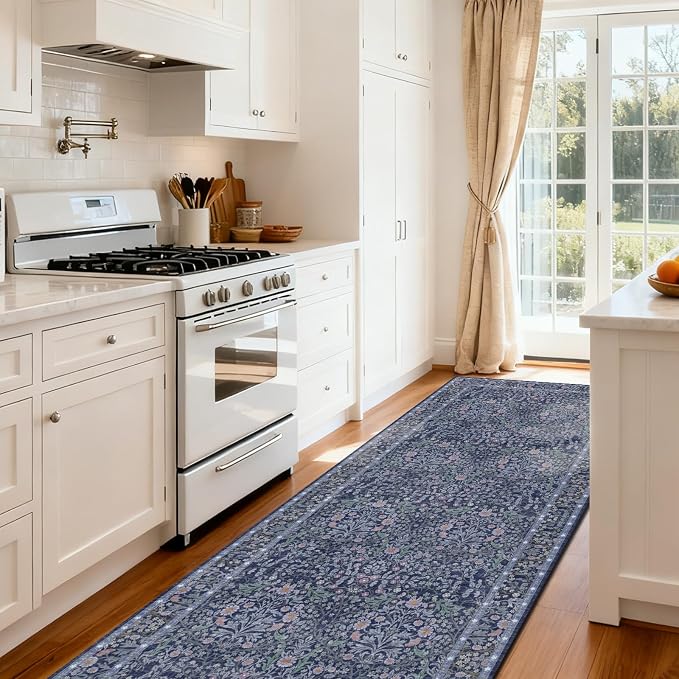 Washable 2'6" x 10' Runners for Hallways, Non Slip Long Floor Runner for Kitchen, Entryway Indoor, Stain Resistant Rubber Backing Floral Decor Rug (Blue)