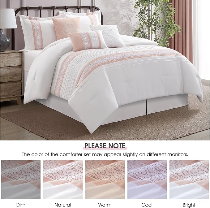 7 Piece Comforter Set, Pink White, California King, Boho Style Geometric Microfiber Embroidery, Bed in a Bag with Bedskirt, Pillow Shams and Decor Pillows