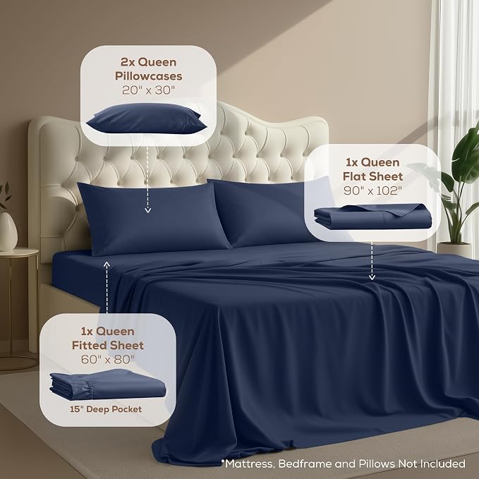 Queen Sheets Set, 4 Pieces 16" Deep Pocket Hotel Luxury Bed Sheets, Navy | Extra Soft Bedsheet Set, Comfy & Breathable Cooling Sheets, Wrinkle & Fade Resistant, Fitted Sheet, Flat Sheet, 2 Pillowcases