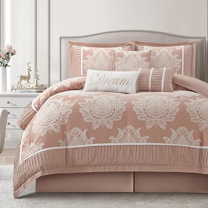 Blush California King Comforter Set 7 Pieces, Jacquard Woven with Damask, Bedding Set in a Bag Includes Comforter, Bed Skirt, Pillow Shams, and Decorative Pillows