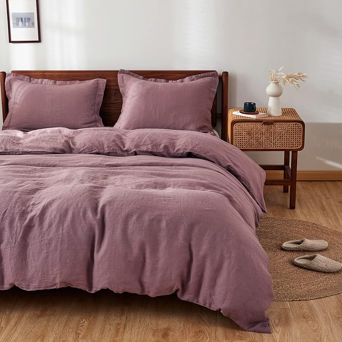 Simple&Opulence 100% Linen Duvet Cover Set 3pcs Basic Style Natural French Washed Flax Solid Color Soft Breathable Farmhouse Bedding with Button Closure - Purple, King