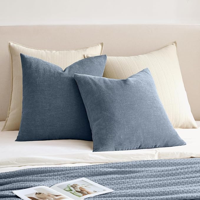 MIULEE Dark Grey Blue Chenille Couch Throw Pillow Covers, 18x18 | Set of 2, Soft Coastal Home Decor, Modern Farmhouse Decorative Pillowcases for Sofa Living Room Bed