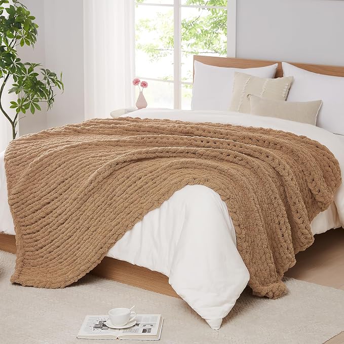 L'AGRATY Chunky Knit Throw Blanket for Couch, 60'' x 80'' Knit Throw, Tan | Handmade Chenille Crochet Blanket for Sofa Bed, Thick Cable Knitted Blankets for Room Home Decor, Birthday Gift for Women Mom