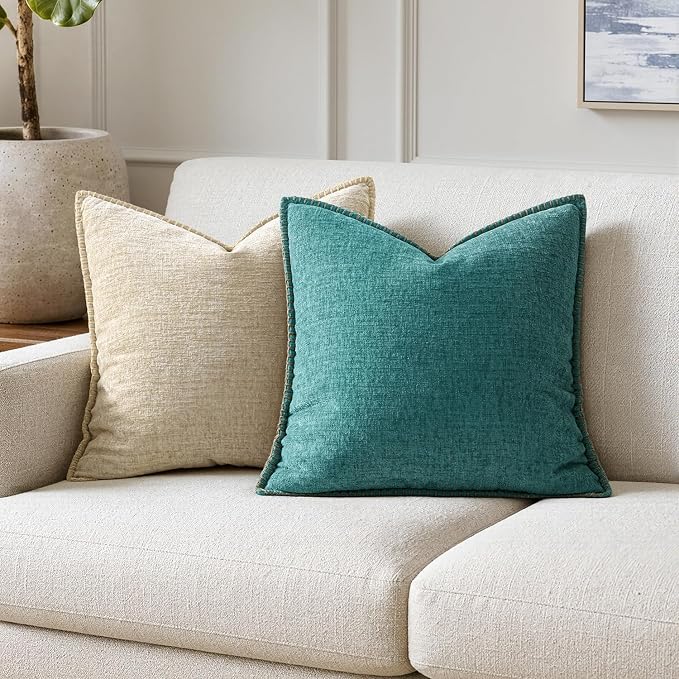 MIULEE Decorative Couch Throw Pillow Covers 20x20 Inch Teal 2 Pack | Farmhouse Pillow Covers with Stitched Edge, Soft Chenille Cushion Cases, for Sofa Bed Living Room Home Decor