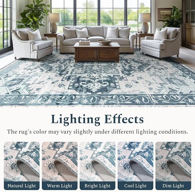Rugflix 9x12 Area Rugs for Living Room, Washable Light Blue Large Rug | Machine Washable; Stain-Resistant; Low Pile; Non-Slip; Boho Vintage Printed; Carpet for Bedroom Dining Office Nursery Home