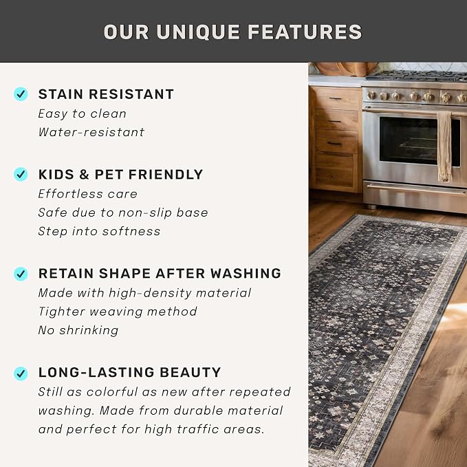 Black Boho Rug for Living Room 9x12 - Washable Dining Room Rugs for Under Table, Vintage Soft Low Pile Carpet for Bedroom, Non-Slip Farmhouse Bohemian Large Tumble Rug for High Traffic Area