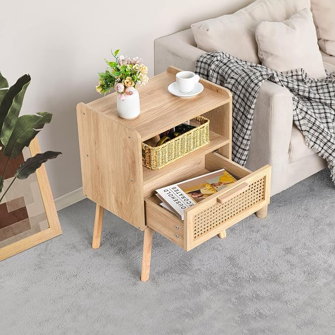Lerliuo Rattan Nightstand, Boho Side Table with Drawer Open Shelf | Cane Accent Bedside End Table with Solid Wood Legs for Bedroom, Dorm and Small Spaces (Natural)