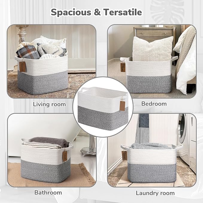 Goodpick 50L Large Woven Rope Storage Basket with Handles, Light Gray | 18" × 14" × 12" Stylish Gift Basket for Living Room & Nursery Organization, Fits Blankets, Toys & Home Essentials Storage