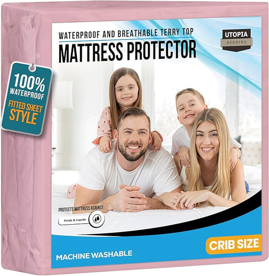 Utopia Bedding Waterproof Mattress Protector, Premium Terry Mattress Cover 200 GSM, Breathable, Fitted Style with Stretchable Pockets (Pink, Crib)