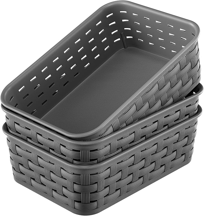 3 Pack Small Plastic Basket, Storage Bin Baskets for Organizing, Pantry Organizer Household Wicker Storage for Laundry Room, Bedrooms, Kitchens, Cabinets, Countertops, Dark Gray | Pantry Organizer, Household, Wicker Storage, for Laundry Room, Bedrooms,...