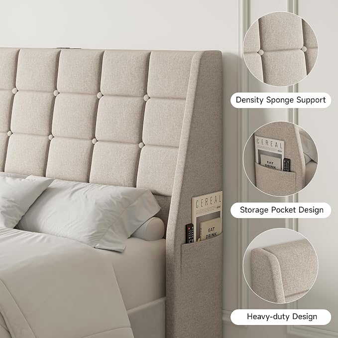 Queen Size Headboard with Charging Station, Wingback Ergonomic Headboards | Wingback Upholstered Bed Head Board with Storage Pocket, Sturdy Stable Solid Wood Headboard, Bed Frame Adapters, White Beige