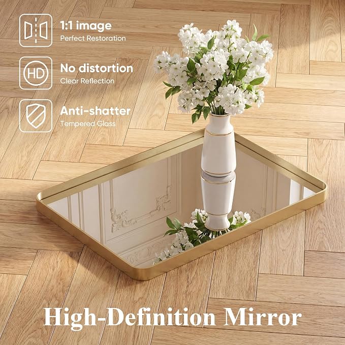 NEWBULIG Bathroom Mirror for Over Sink, 20X28 Inch Wall Vanity Mirror | Wall Mount, Tempered Glass, Anti-Rust Metal Framed, Rounded Rectangle, Farmhouse Home Decor, Gold