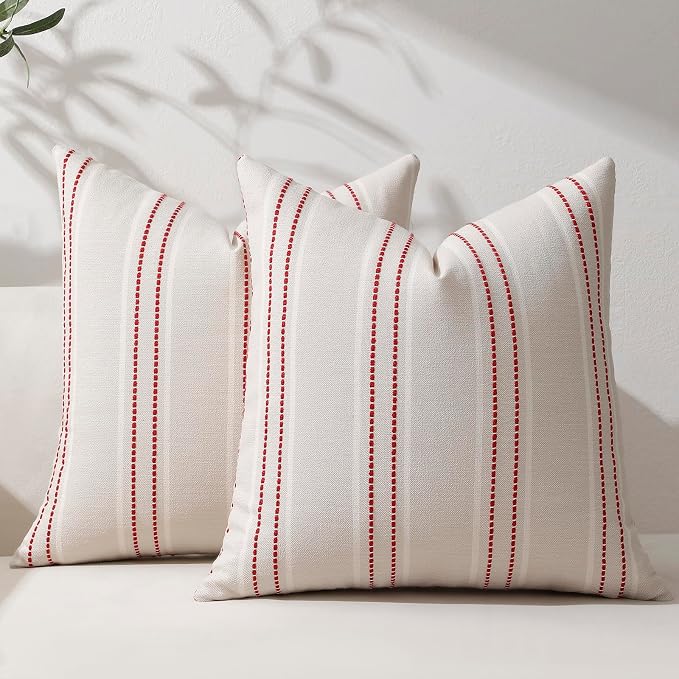 Hckot Christmas Pillow Covers 16x16 Set of 2 Winter Decorative Pillows Red | Xmas Decorations Throw Pillow Covers Striped Linen Square Cushion Covers for Sofa Couch Bed Living Room(Red)