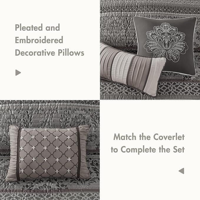 Madison Park Traditional Jacquard Quilt Set, 6PC King/Cal King Coverlet | Damask Design, All Season, with Shams, Decorative Pillows, Lightweight, Reversible, Grey