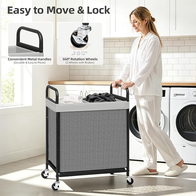 STORAGE MANIAC Rolling Laundry Hamper with Wheels 2-Section Laundry Sorter Rolling Laundrys Basket on Wheels with Removable Bag Clothes Hamper Laundrys Organizer Cart Bathroom Bedroom 100L Grey