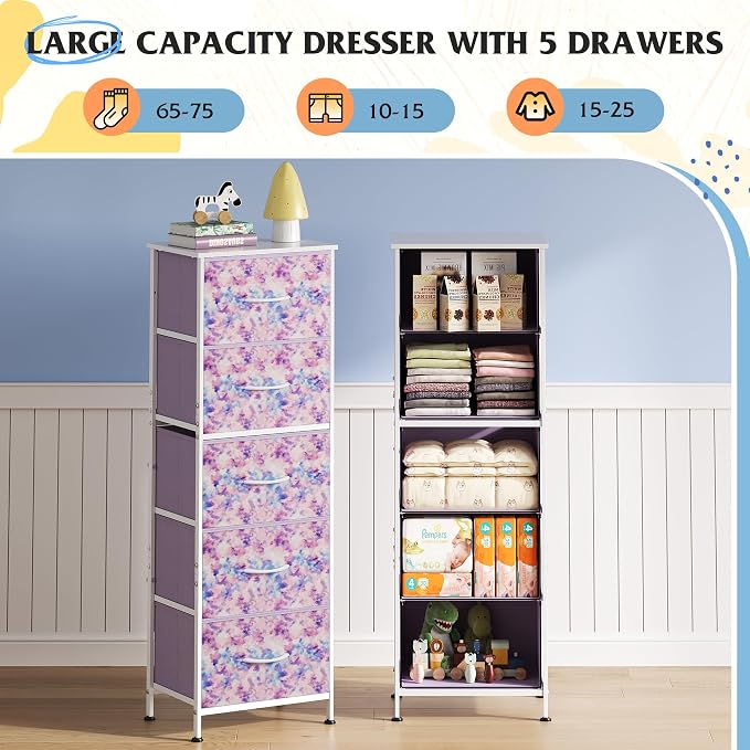 WLIVE Tall Dresser for Bedroom, 5 Drawer Dresser, Tie-Dye | 5 vertical fabric drawers, Tall vertical design, Bedroom or closet use, Dresser for small spaces, Chest of drawers