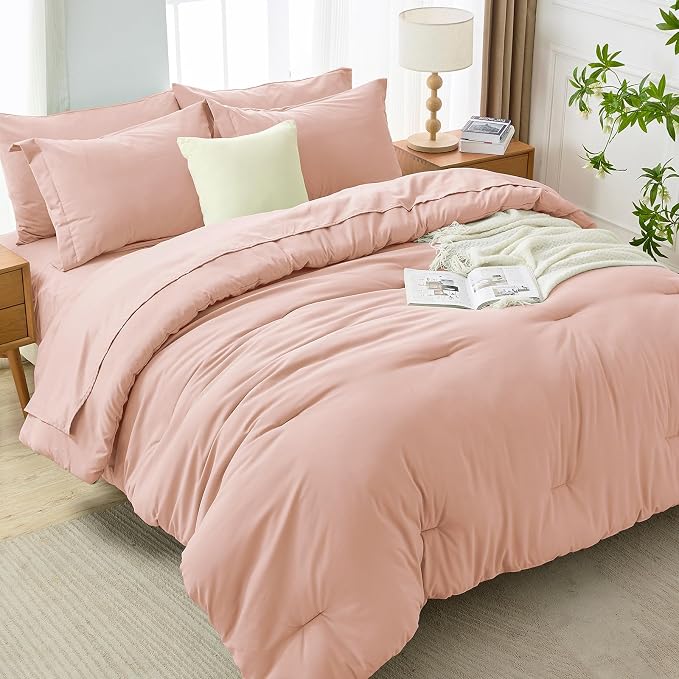 7 Pieces Queen Comforter Set, Soft Bed in a Bag Queen Size, All Season Bedding Set with Comforter, Flat Sheet, Fitted Sheet, Pillowcases & Shams, Rose Gold