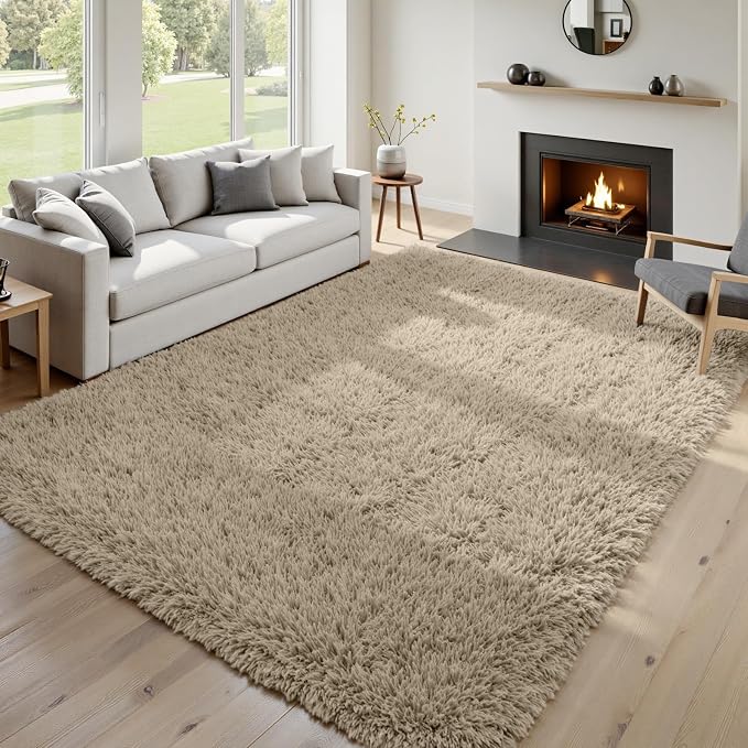 6x9 Fluffy Shag Area Rugs for Living Room Bedroom: Soft Carpet Gray Camel | Upgraded Non-Slip Thick Memory Foam, Ultra Soft, Non-Shedding Fuzzy Carpet, Easy Clean Decor for Kids Room, Nursery, Playroom