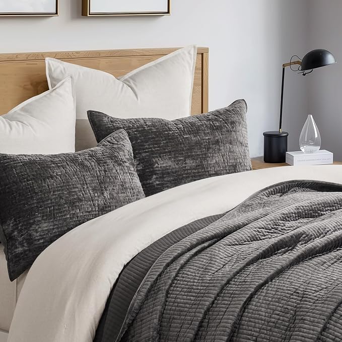 EverGrace Striped Channel Velvet Quilt Set, King Size, Washed Black | Luxurious Soft Lightweight Velvet Comforter, Oversized Bedspread Coverlet, Quilted Bedding Set for All Season, with 2 Shams