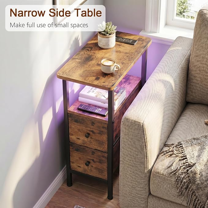LOAKEKEL Narrow End Table with Charging Station, Small Nightstand | Skinny Side Tables Living Room with 2 Fabric Drawers, Slim Bedside Table with LED Lights for Bedroom, Small Spaces, Brown