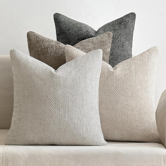 MIULEE Soft Decorative Chenille Euro Pillow Covers Neutral 24x24 Pack of 4 | Mid Century Modern Decor, Cream to Charcoal Set, Couch Throw Pillows, Farmhouse Boho Cushion Covers for Sofa Bed Living Room