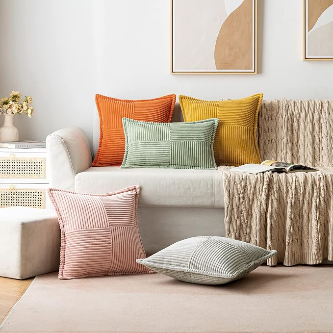MIULEE Decorative Throw Pillow Covers for Couch 18x18 Inch Mustard Yellow | Boho Broadside Striped Patchwork Pillow Covers, Soft Corduroy Cushion Cases, For Sofa Bed Livingroom Home Decor
