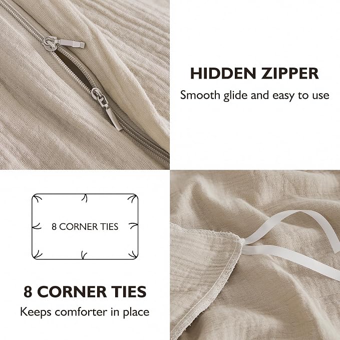 EMME Muslin Cotton Duvet Cover Set Twin Size Linen Like Soft Breathable Lightweight Summer Comforter Cover Set with Zipper Closure (Twin, 68"x90")
