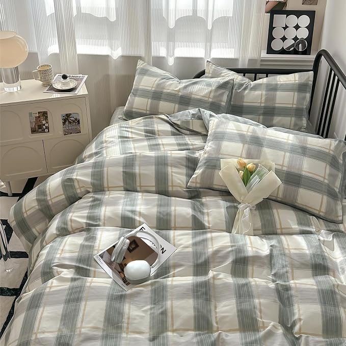 Plaid Full Size Comforter Set Geometric Plaid Grid Comforter Set Fluffy Soft Microfiber Bedding Comforter Farmhouse Checkered Comforter Set for All Season 3 Piece Plaid Bedding Comforter Set Full Size