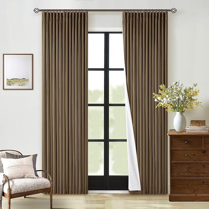 Dutch Cocoa Pinch Pleated Full Blackout Curtains Linen Blend 80 Inches Long | Room Darkening Window Curtains, for Living Room Bedroom, Thermal Insulated, Back Tab Pinch Pleat with Hooks Rings, 2 Panels