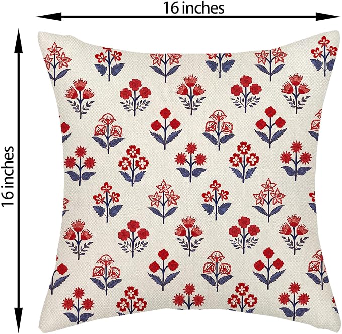 4th of July Pillow Covers 16x16 Inch 2 Pcs Red Blue Block Print Vintage Floral Patriotic Outdoor Decor Throw Pillows Memorial Day Holiday Decoration Pillowcase Linen Cushion Cover for Couch