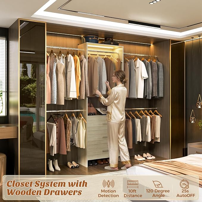 Aheaplus Closet System with Motion-Sensing Light, 3 Wooden Drawers and 4 Hanging Rods, Customizable Walk-in Closet Organizer with 3CCT LED, Heavy Duty Garment Rack for Bedroom, White Oak
