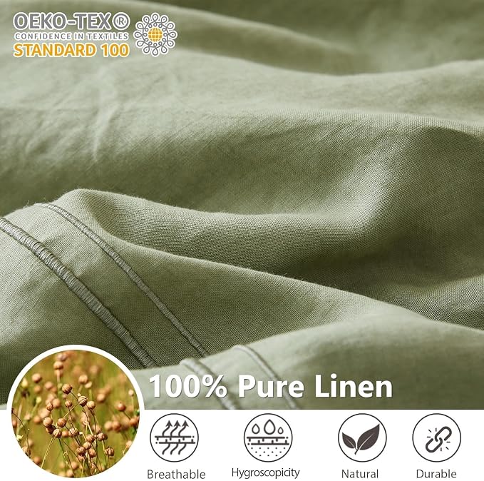 Simple&Opulence 100% Washed Linen Duvet Cover Set 68"x86" - 2 Pieces Soft Farmhouse Comforter Set Double Embroidered with Button Closure - 1 Duvet Cover and 1 Pillowsham (Sage Green, Twin)
