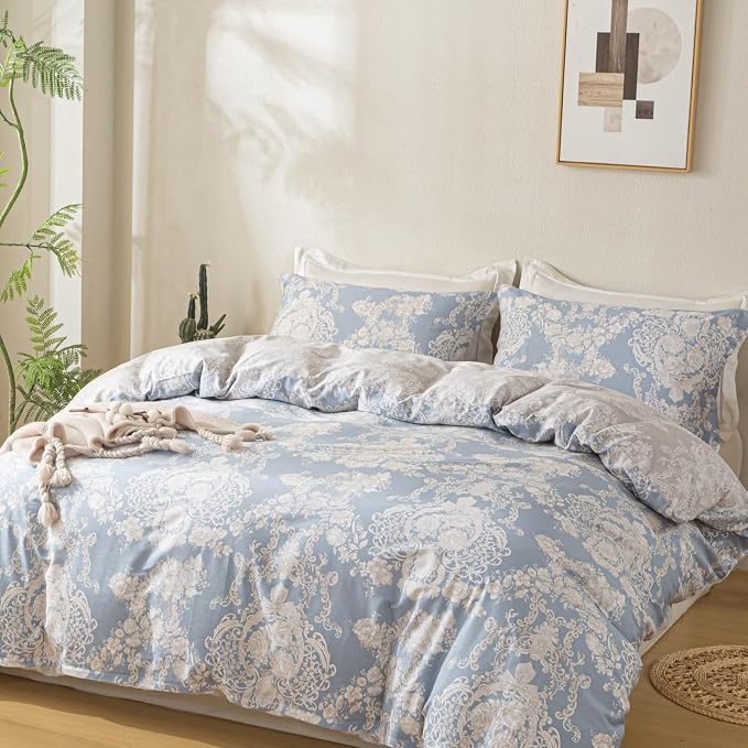 OAITE King Duvet Cover Set 3pcs 100% Cotton with Blue Damask Vintage Floral | Soft, Breathable,Long-lasting,Comfort,Dual Zipper,8 Corner Ties,Easy Care for All Season