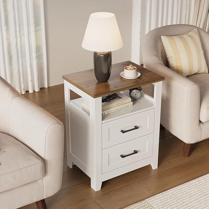 Decofy Farmhouse 2-Drawer Nightstand Set of 2 with Charging Station, White | Open Shelves, AC Outlets, USB And Type C Ports, Rustic Wood Bedside Tables, Storage For Small Items