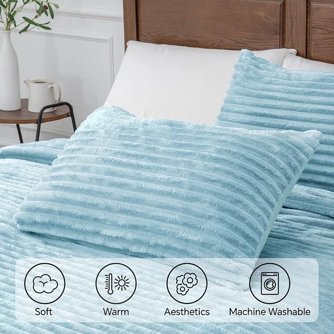 BEDELITE Fleece Full Comforter Set, Fluffy Bed Set, Light Blue | Super Soft & Warm Bedding, Luxury Fuzzy Faux Fur Comforter for Winter, Heavy Plush Bedding, with 2 Pillowcases