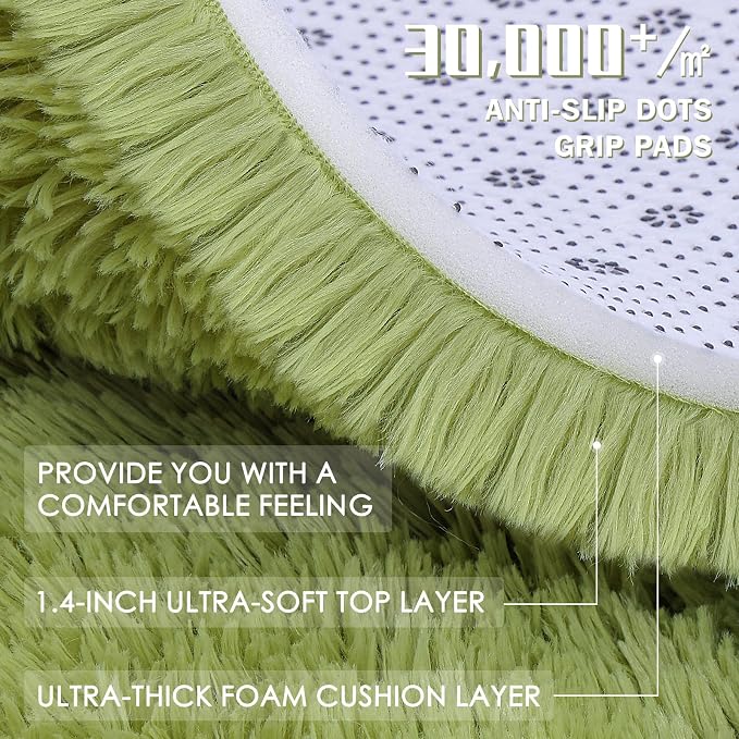 OLANLY Grass Green Round Rugs for Bedroom - Machine Washable, 2 ft Circle Area Rugs for Living Room, Soft and Fluffy Shaggy Carpet for Teen Girls and Boys, Nursery Rooms, Dorms, Home Decor Aesthetic