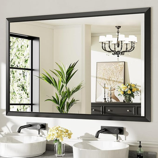 Black Metal Framed Bathroom Wall Mirror, 60x40 Inch | Anti-rust, HD tempered glass, for bathroom vanity, bedroom, living room, horizontal or vertical mount