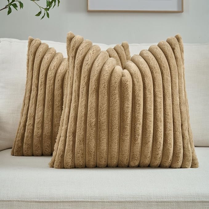 FUTEI Pack of 2 Faux Fur Throw Pillow Covers 24x24 Inch, Camel | Fluffy Faux Rabbit Fur Front/Premium Velvet Back,Hidden Zipper,Machine Washable,Non-Shedding,Colorfast,Insert Not Included.